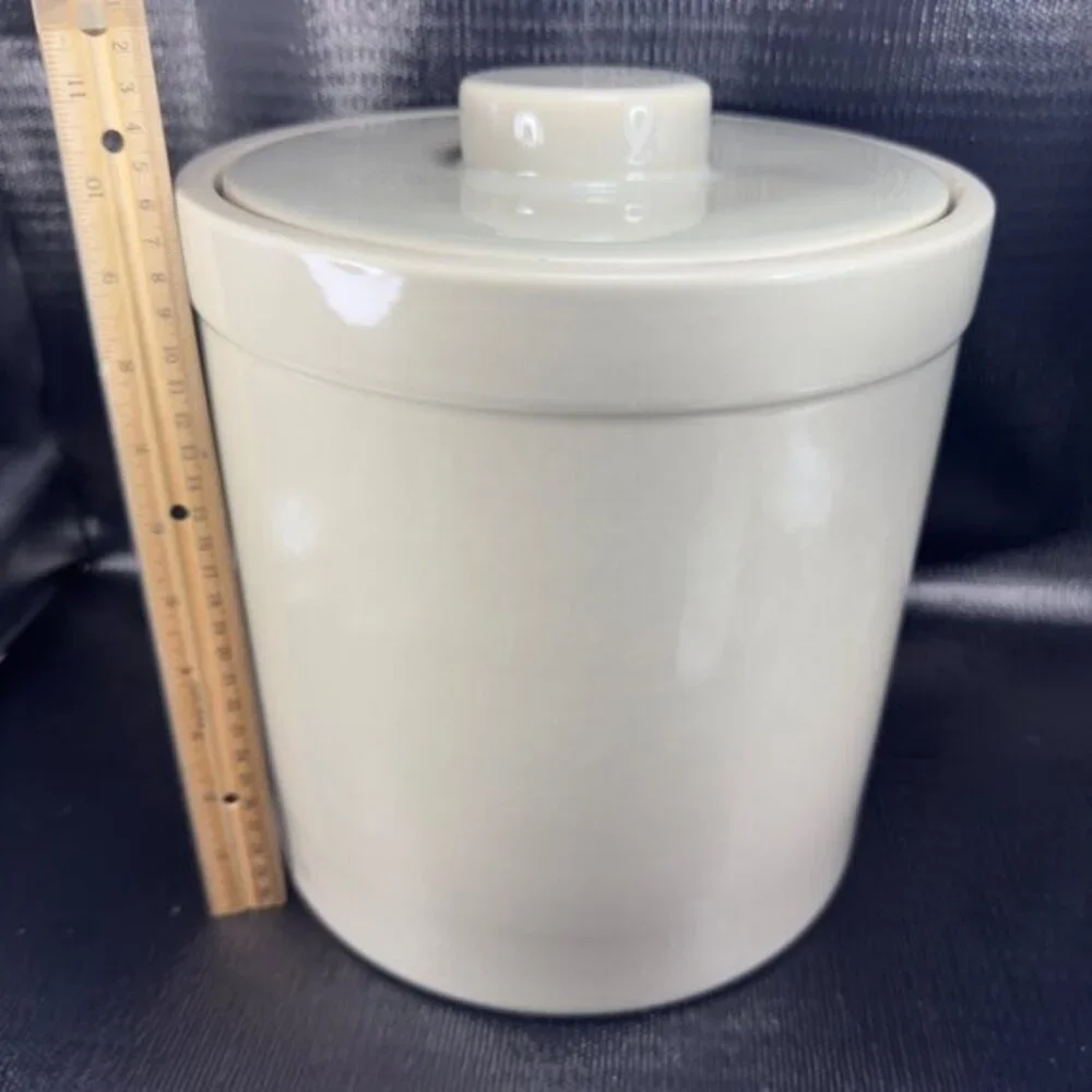 West Elm Tan Stoneware Pottery Heavy Large Canister Container Crock With Lid VTG
